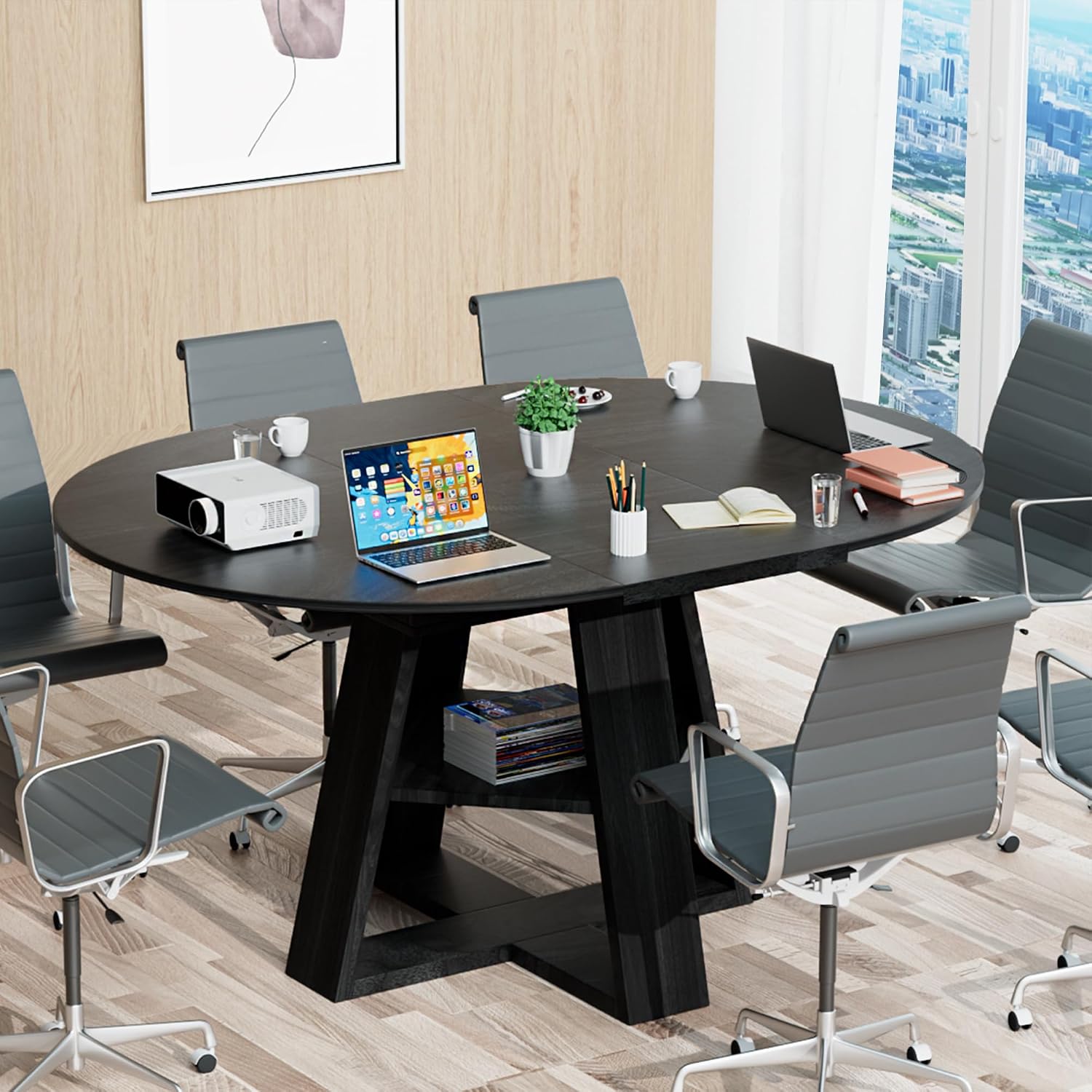 43.3in-59in Extendable Round Conference Table for 4-6 People,Space Saving | Wooden Oval Meeting Room Table with Removable Leaves,Office Table with Storage Shelf for for Office Conference Room