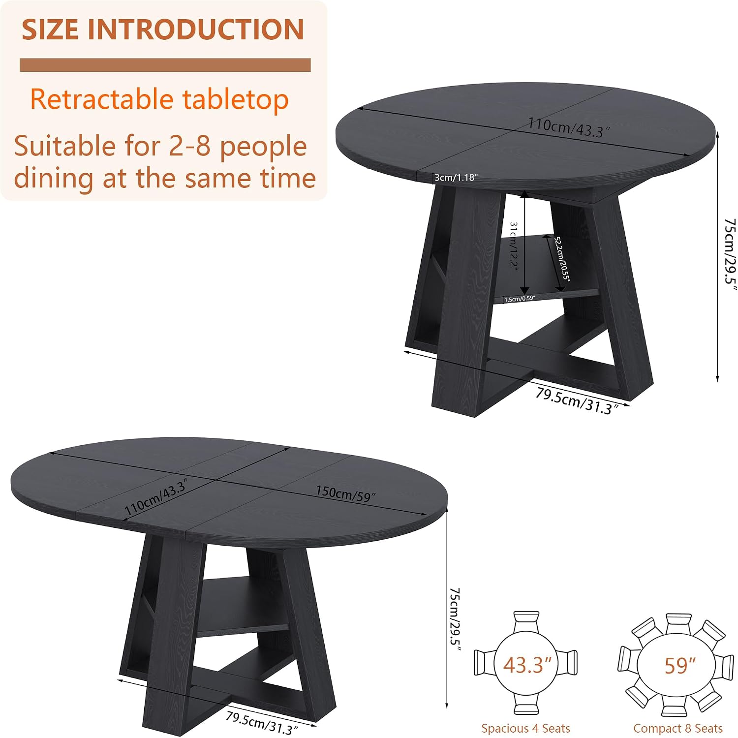 43.3in-59in Extendable Round Conference Table for 4-6 People,Space Saving | Wooden Oval Meeting Room Table with Removable Leaves,Office Table with Storage Shelf for for Office Conference Room - Image 2