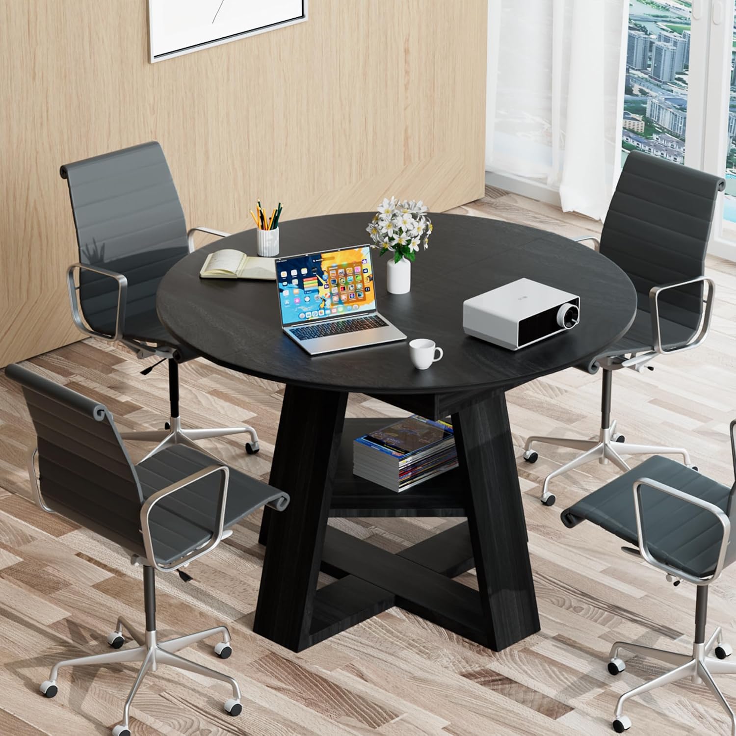 43.3in-59in Extendable Round Conference Table for 4-6 People,Space Saving | Wooden Oval Meeting Room Table with Removable Leaves,Office Table with Storage Shelf for for Office Conference Room - Image 3