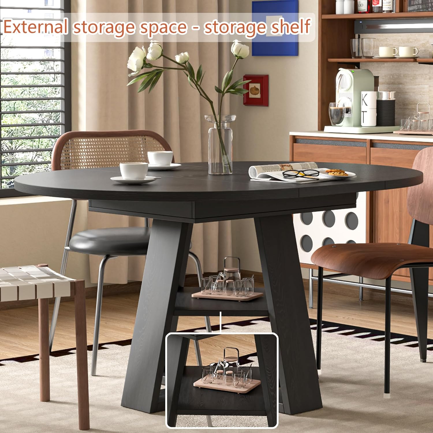 43.3in-59in Extendable Round Conference Table for 4-6 People,Space Saving | Wooden Oval Meeting Room Table with Removable Leaves,Office Table with Storage Shelf for for Office Conference Room - Image 4
