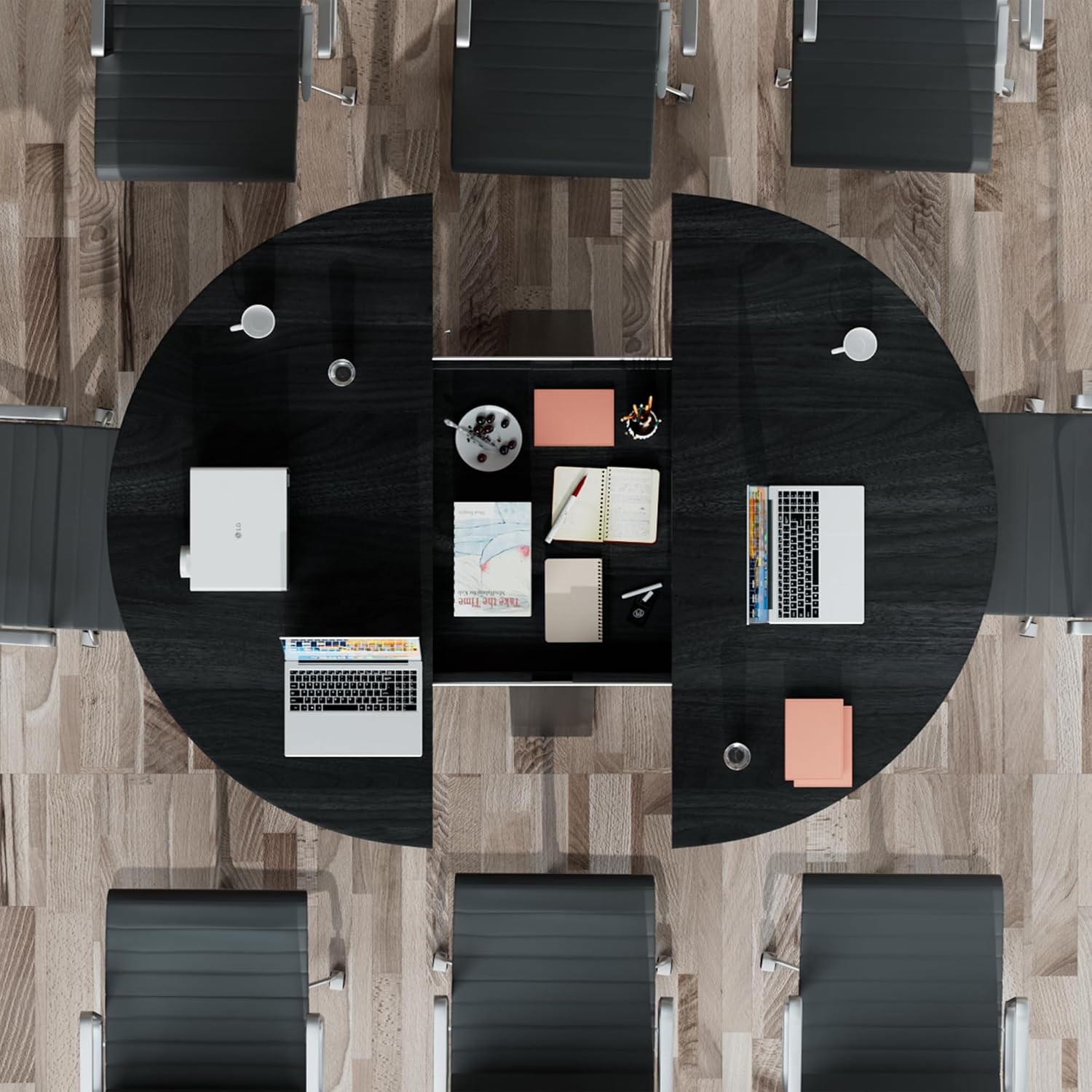 43.3in-59in Extendable Round Conference Table for 4-6 People,Space Saving | Wooden Oval Meeting Room Table with Removable Leaves,Office Table with Storage Shelf for for Office Conference Room - Image 6