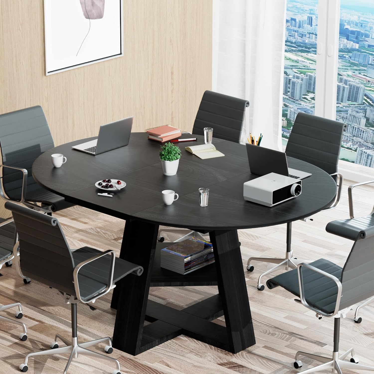 43.3in-59in Extendable Round Conference Table for 4-6 People,Space Saving | Wooden Oval Meeting Room Table with Removable Leaves,Office Table with Storage Shelf for for Office Conference Room - Image 7