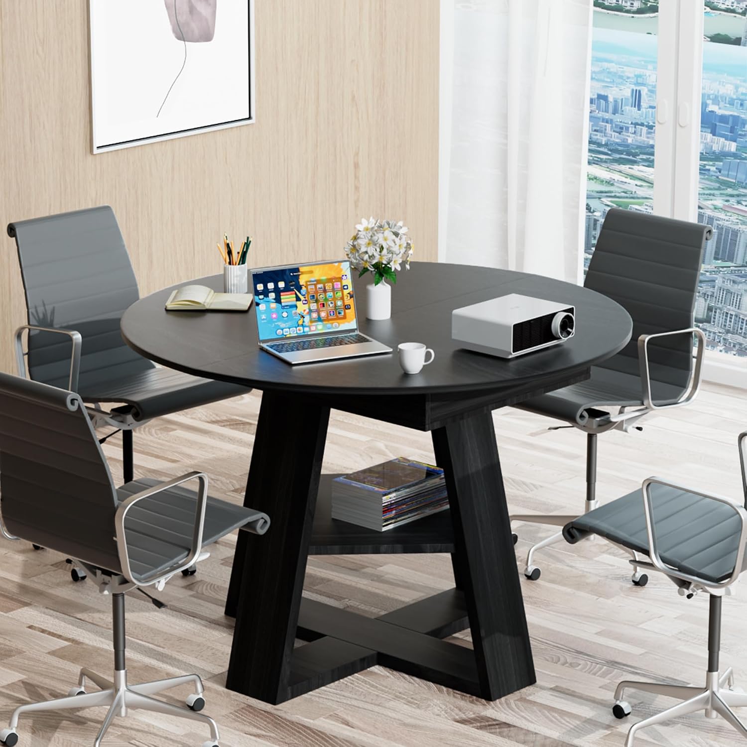 43.3in-59in Extendable Round Conference Table for 4-6 People,Space Saving | Wooden Oval Meeting Room Table with Removable Leaves,Office Table with Storage Shelf for for Office Conference Room - Image 8