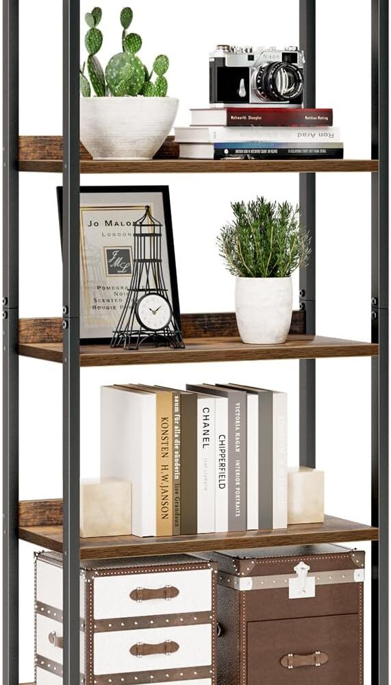 NUMENN Bookshelf, 5 Tier Freestanding Shelving Unit, Vintage | Metal Frame & Wood Shelves, Falling Prevention Baffle, Open Storage Bookcase for Bedroom, Living Room & Home Office