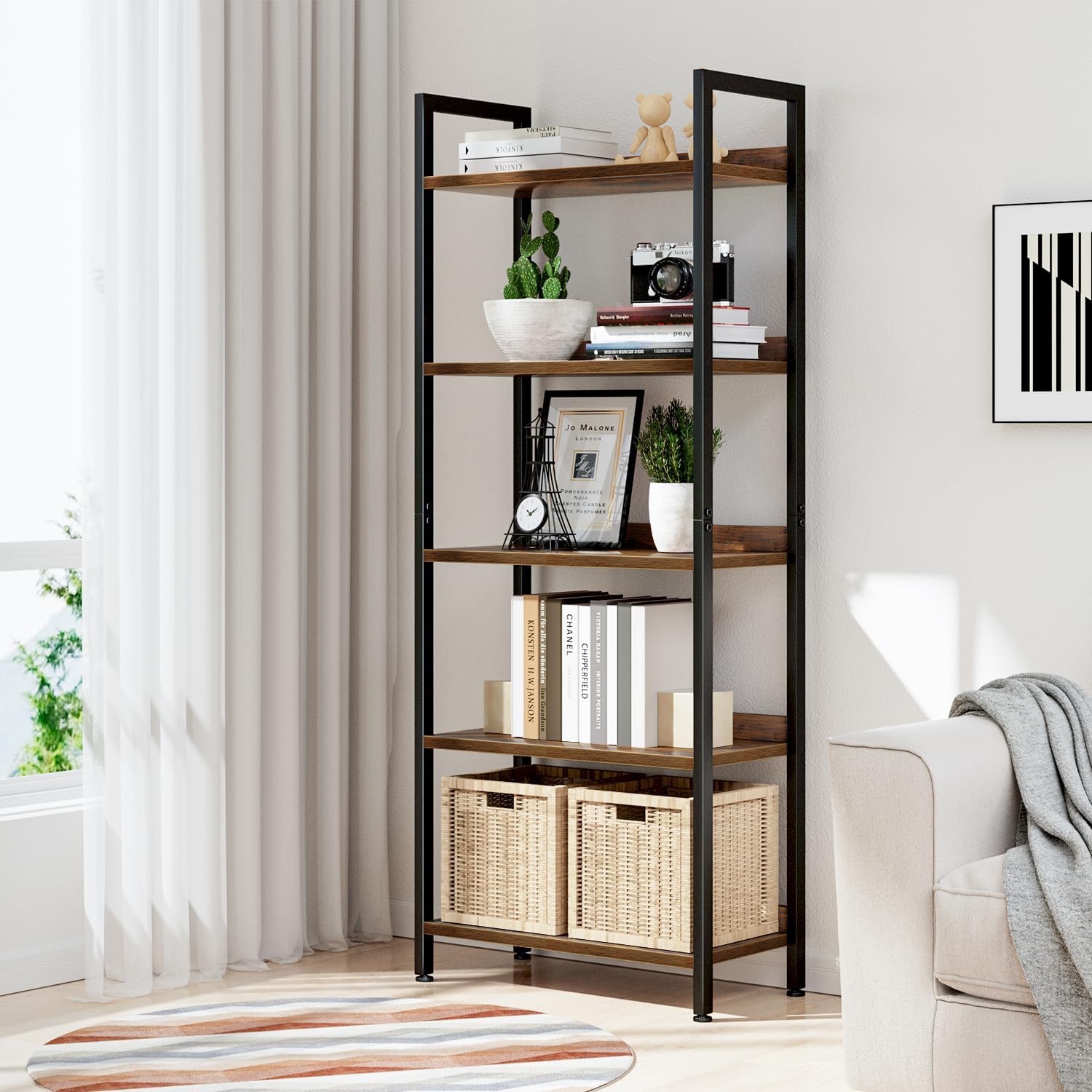 NUMENN Bookshelf, 5 Tier Freestanding Shelving Unit, Vintage | Metal Frame & Wood Shelves, Falling Prevention Baffle, Open Storage Bookcase for Bedroom, Living Room & Home Office - Image 2