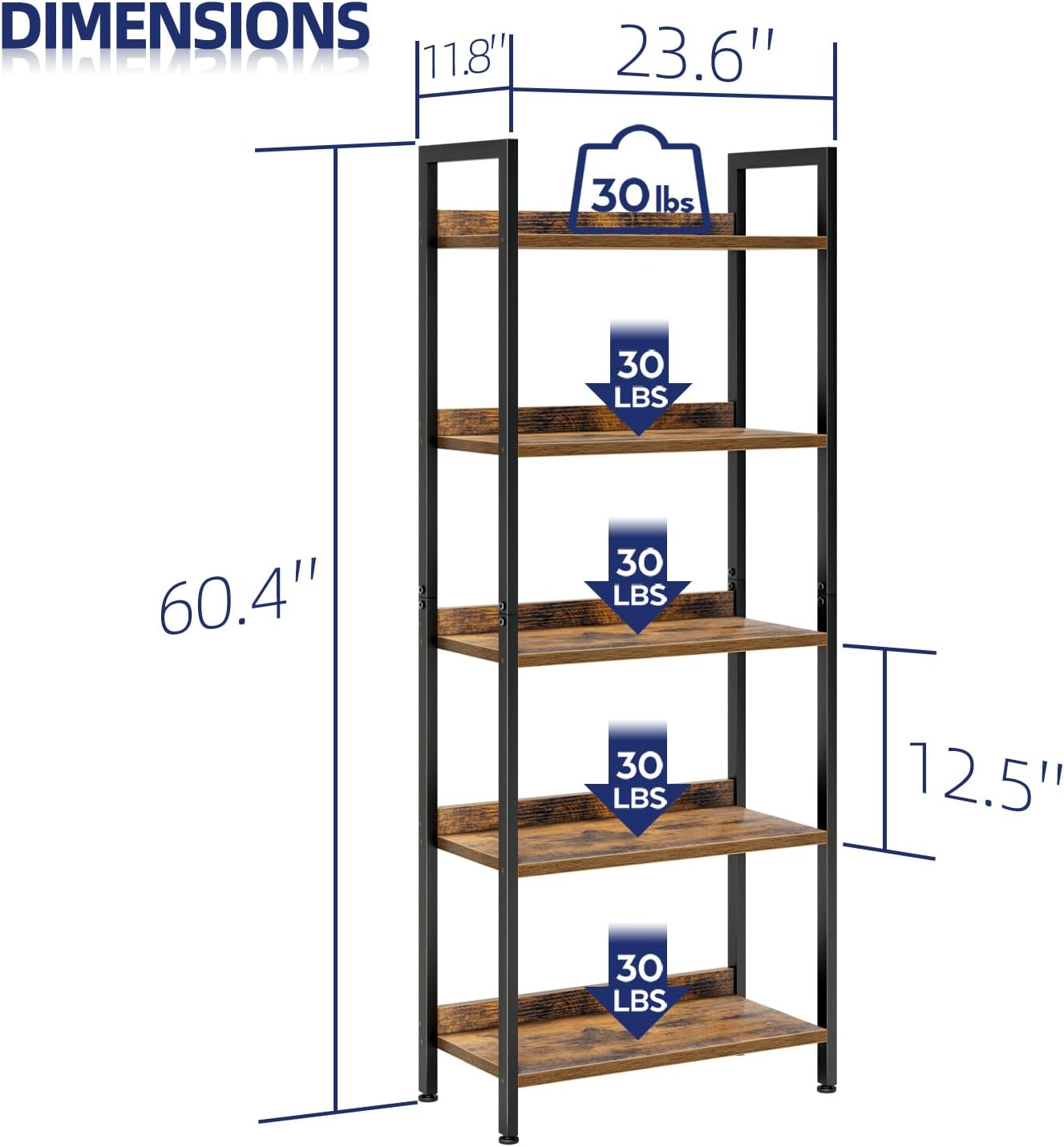 NUMENN Bookshelf, 5 Tier Freestanding Shelving Unit, Vintage | Metal Frame & Wood Shelves, Falling Prevention Baffle, Open Storage Bookcase for Bedroom, Living Room & Home Office - Image 3