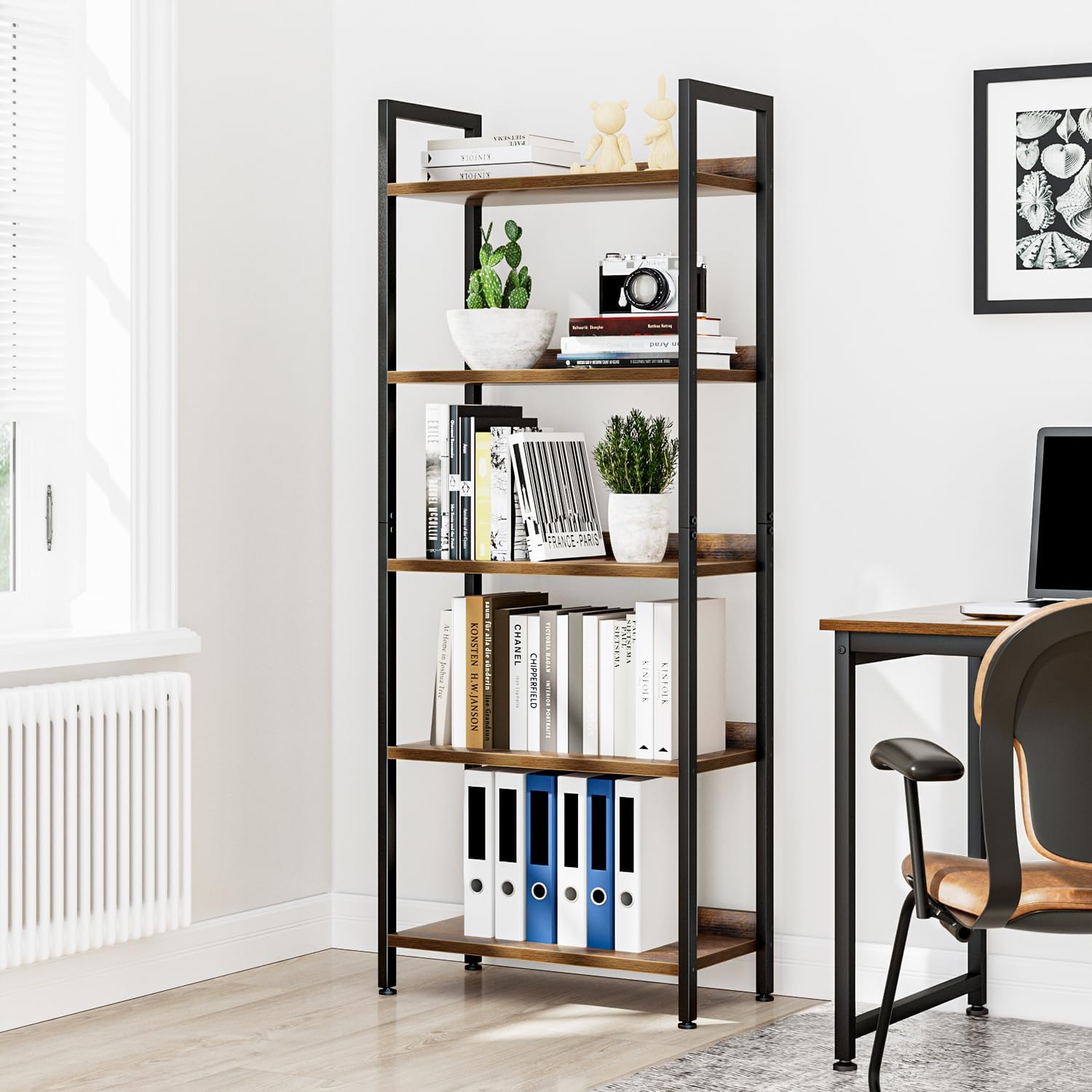 NUMENN Bookshelf, 5 Tier Freestanding Shelving Unit, Vintage | Metal Frame & Wood Shelves, Falling Prevention Baffle, Open Storage Bookcase for Bedroom, Living Room & Home Office - Image 4