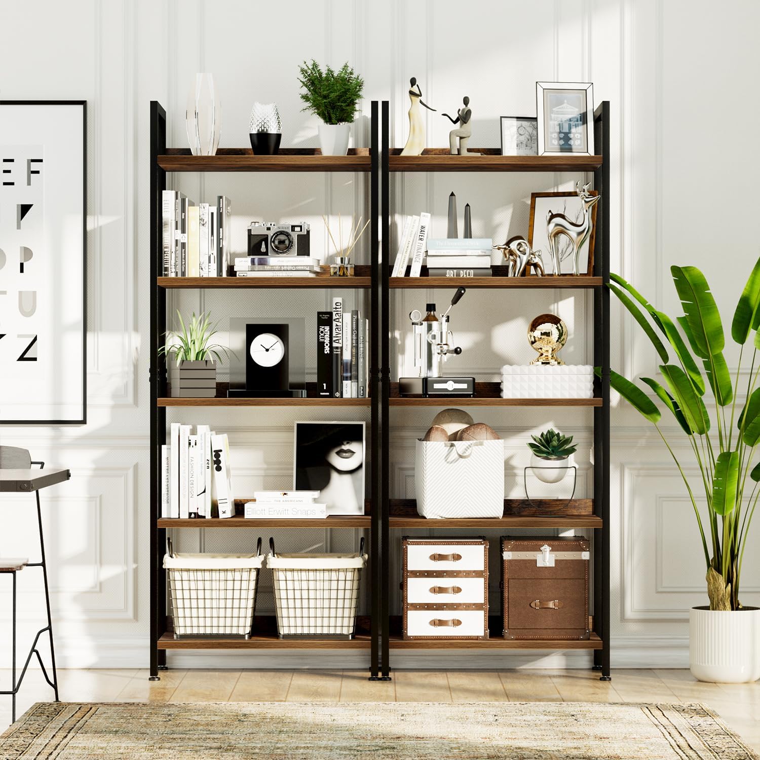 NUMENN Bookshelf, 5 Tier Freestanding Shelving Unit, Vintage | Metal Frame & Wood Shelves, Falling Prevention Baffle, Open Storage Bookcase for Bedroom, Living Room & Home Office - Image 5