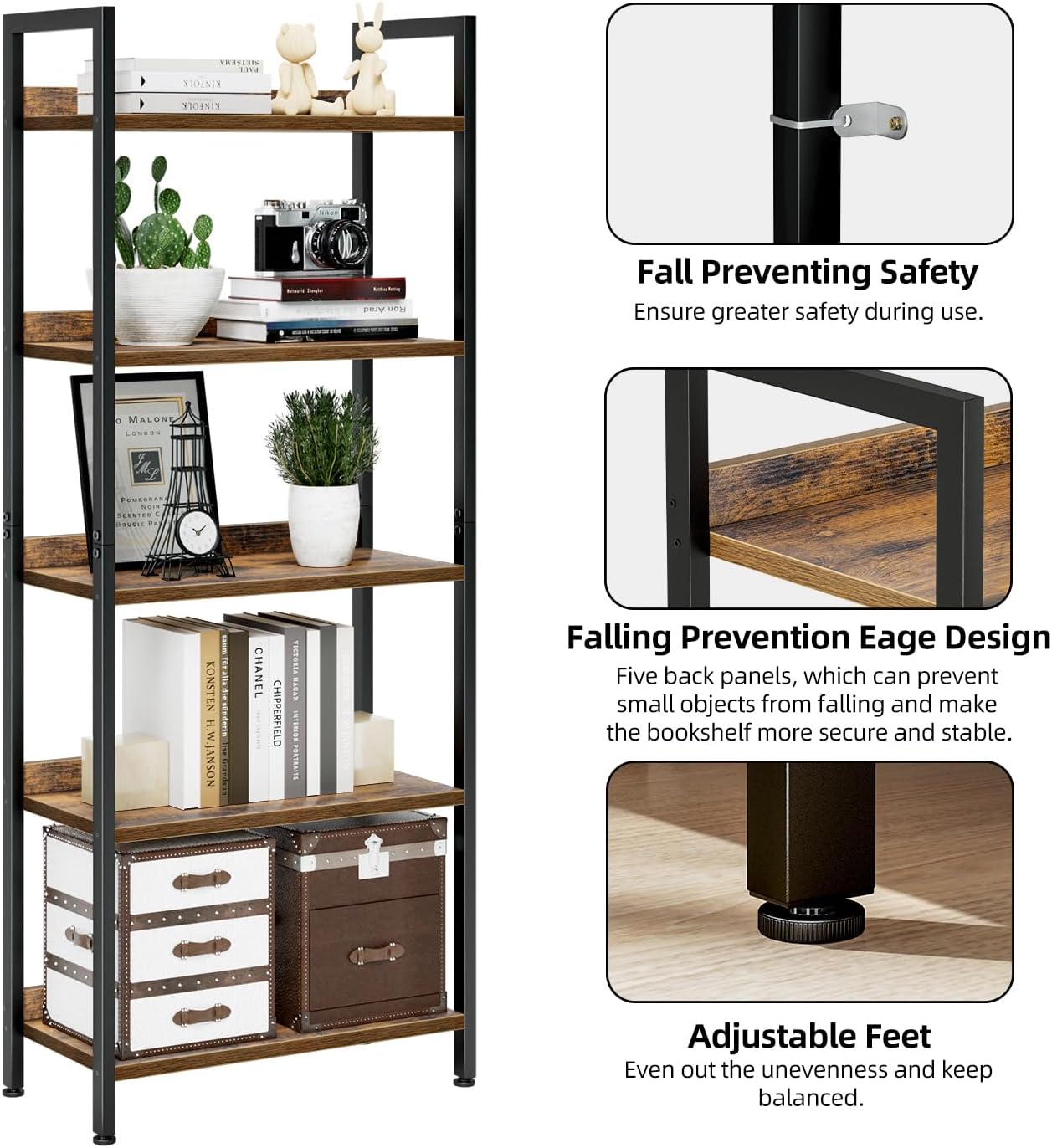 NUMENN Bookshelf, 5 Tier Freestanding Shelving Unit, Vintage | Metal Frame & Wood Shelves, Falling Prevention Baffle, Open Storage Bookcase for Bedroom, Living Room & Home Office - Image 6