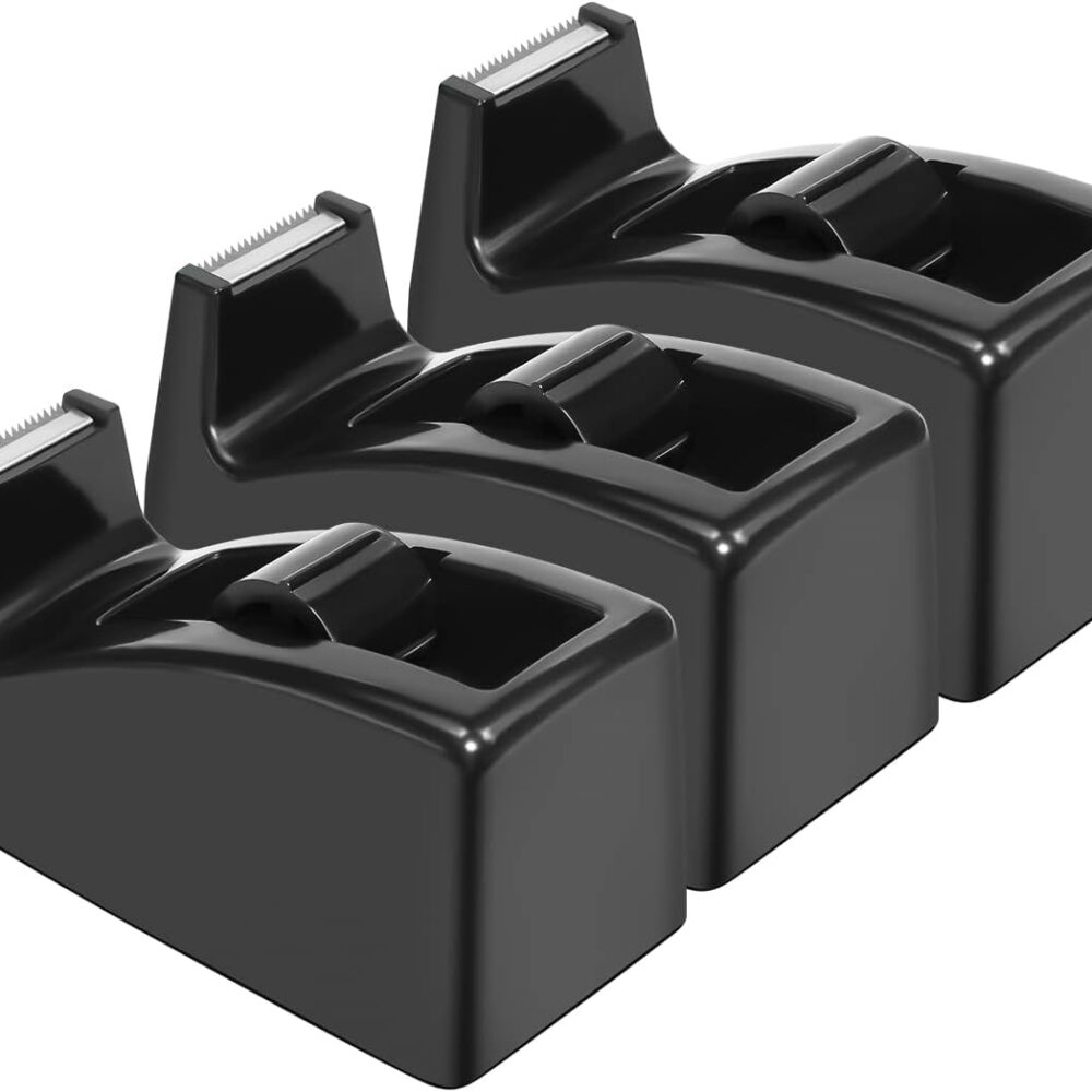 JIKIOU Weighted Desktop Tape Dispenser with Non-Skid Base 3 Pack Black | Reusable, Convenient Dispensing, Weighted Core and Non-skid Foam Base, Holds 1/2 in and 3/4 in Wide Tapes, up to 1500 in long