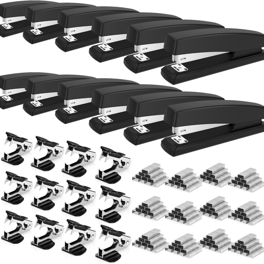 Deli Stapler, 12 Pack Staplers, 12000 Staples and 12 Staple Removers, Black | Staplers for Desk, 25 Sheet Capacity