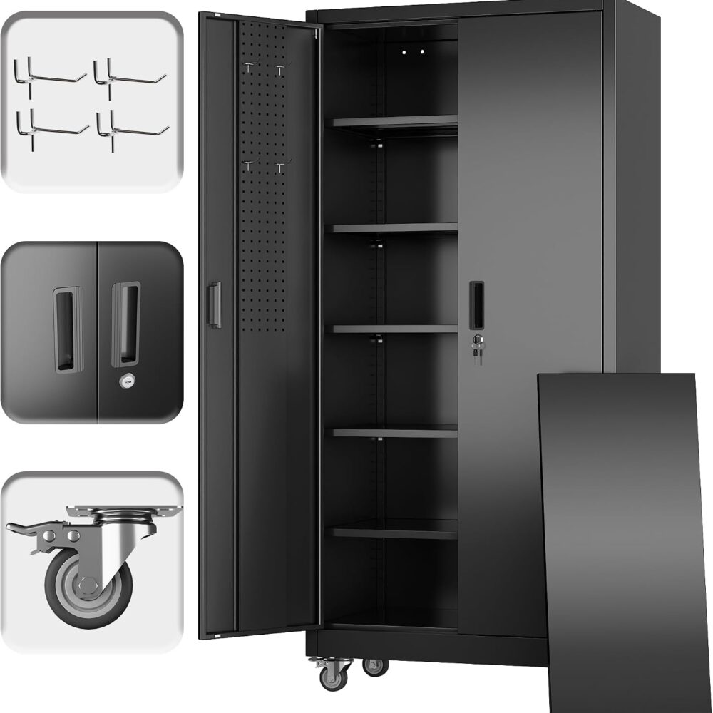 SUXXAN 71" Metal Storage Cabinet with Wheels, Pegboard, Lock, 5 Shelves | Locking steel cabinet with wheels, two inside-door pegboards and 5 shelves for garage, workshop or office; assembly required.